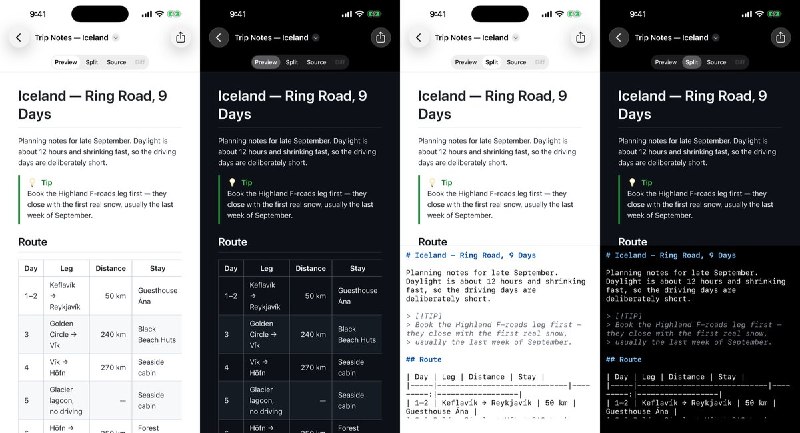  #应用限免 软件名称：PreviewMD 支持平台：#iOS 17.0+ 软件价格：免费 软件简介：Markdown 编辑与预览工具，可直接打开 Files 或 iCloud Drive 中的文档，支持分屏实时预览、差异对比、GitHub 风格 Markdown、代码高亮、数学公式与 Mermaid 图表，并可导出 HTML 或 PDF