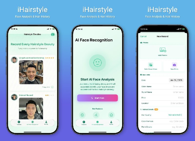  #应用分享 软件名称：iHairstyleIsWell 支持平台：#iOS 18.0+ 软件价格：内购限免 软件简介：用照片和时间线记录每次理发，通过 AI 脸型分析获取发型建议，支持分享卡片与 iCloud 同步
