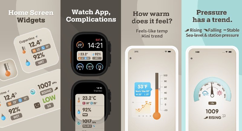  #应用限免 软件名称：温湿度计 支持平台：#iOS 15.6+ 软件价格：免费 软件简介：一款模拟仪表风格天气应用，一览温度、体感温度、湿度、气压与不适指数（DI），支持小组件和 Apple Watch 表盘