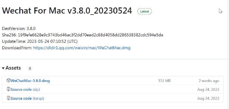   软件名称：wechat-For-Mac-versions  软件功能：微信历史版本下载  支持平台：#macOS  软件简介：一款下载微信历史版本的项目，项目使用 Github Action 自动下载微信最新版本安装包计算 Hash 值并推送至仓库