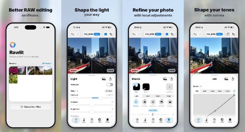  #应用限免 软件名称：Rawlit-让 RAW 照片呈现你的想法 支持平台：#iOS 17.0+ 软件价格：免费 软件简介：在设备上编辑 RAW 照片，支持曝光与色彩调整、曲线、透视校正，以及主体蒙版和渐变局部修图，可按完整分辨率导出 HEIC、JPEG 或 16 位 TIFF