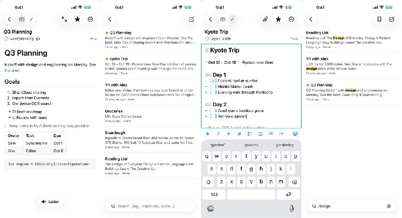  #应用限免 软件名称：Joeny Notes 支持平台：#iOS 26.0+ 软件价格：免费 软件简介：一款支持 iCloud 同步的 Markdown 笔记应用，可用笔记本和嵌套标签整理内容，搜索图片与 PDF 中的文字，并支持导入 Evernote 笔记、导出 Markdown 文件，适合跨设备记录与资料整理