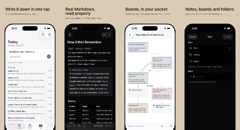  #应用限免 软件名称：Skein Notes 支持平台：#iOS 17.0+ 软件价格：免费 软件简介：以本地或 iCloud Drive 中的 Markdown 文件夹作为笔记库，支持快速记录、全文搜索、标签与内部链接，并可编辑兼容 Obsidian 的 JSON Canvas 画布；保留笔记历史版本，适合希望自行掌握文件的笔记用户