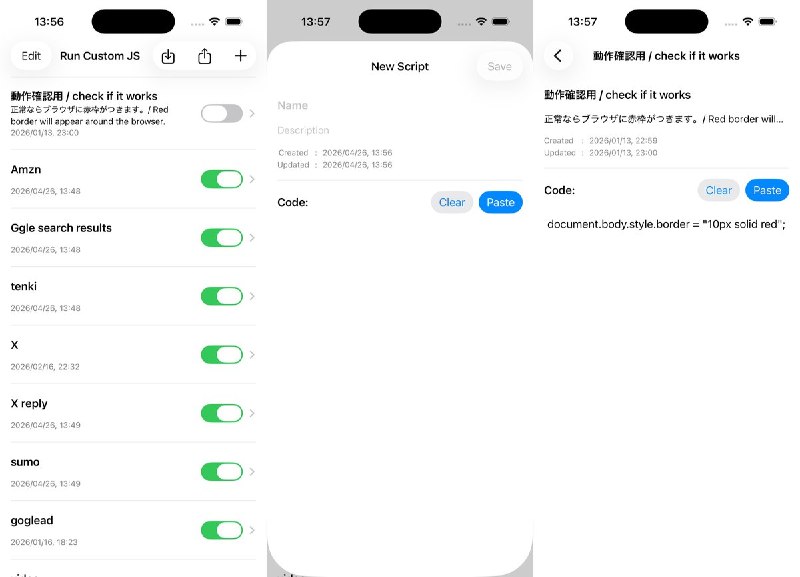  #应用限免 软件名称：Run Custom JS on Background 支持平台：#iOS 17.6+ 软件价格：免费 软件简介：Safari 自定义 JavaScript 工具，可自动运行书签脚本、执行页面操作与广告拦截；支持代码快速粘贴及配置导入导出，便于在不同设备间迁移脚本