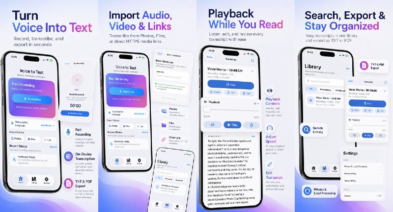  #应用限免 软件名称：Voice Notes : Voice to Text 支持平台：#iOS 17.6+ 软件价格：免费 软件简介：录音或导入音视频后在设备端转成文字，可边听边校对、搜索归档并导出 TXT/PDF；无需账号，适合整理会议、课程、采访和语音灵感