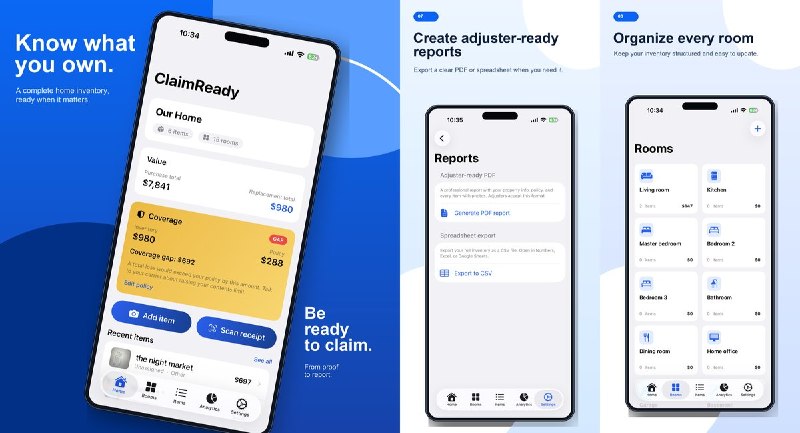  #应用限免 软件名称：ClaimReady - Home Inventory 支持平台：#iOS 17.0+ 软件价格：内购限免 软件简介：家庭财产清单工具，按房间记录物品照片、价值、收据与细节，支持批量导入、序列号与保修追踪，可生成理赔用 PDF 报告