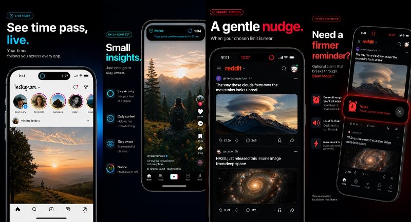  #应用限免 软件名称：Notice – Mindful Screen Time-实时感知屏幕使用时间 支持平台：iOS 26.0+ 软件价格：免费 软件简介：一款帮助觉察屏幕使用时间的应用，支持跨应用实时计时、定时提醒和当日使用统计
