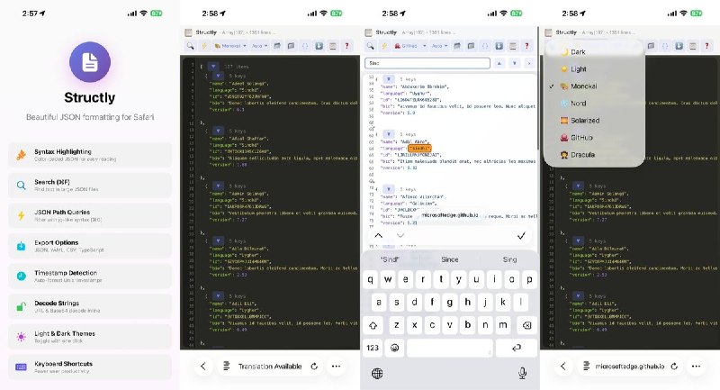  #应用限免 软件名称：Structly - JSON Formatter-Safari JSON 格式化工具 支持平台：iOS 17.6+ 软件价格：免费 软件简介：一款在 Safari 中直接格式化 JSON 的开发工具，支持语法高亮、JSON Path 查询、主题切换、导出 YAML/CSV