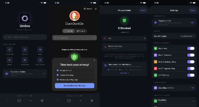  #应用限免 软件名称：Umbra Browser-Private Browser. No Trace. 支持平台：iOS 17.6+ 软件价格：免费 软件简介：一款隐私优先浏览器，每个标签页独立容器隔离数据、关闭即销毁，内置广告拦截、反指纹、HTTPS 加密与书签加密