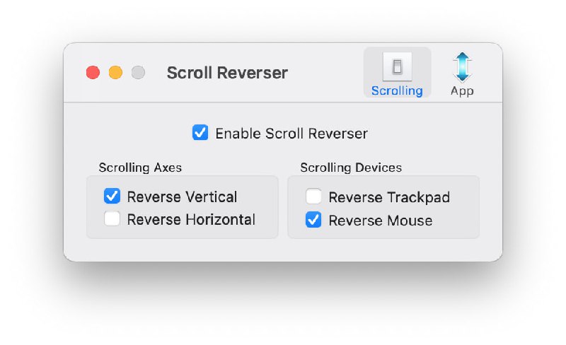   软件名称：SCROLL REVERSER  软件功能：反转滚动方向  支持平台：#macOS  软件简介：一款可以反转滚动方向的应用
