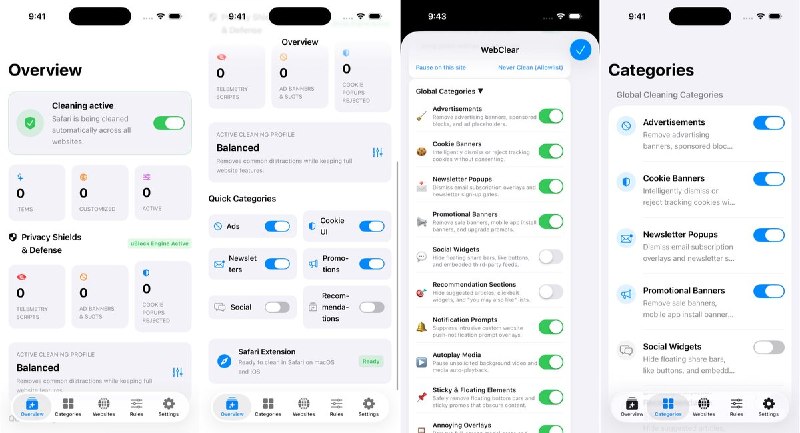  #应用限免 软件名称：WebClear 支持平台：iOS 18.6+ 软件价格：免费 软件简介：Safari 网页清理扩展，可自动隐藏广告、Cookie 提示、订阅弹窗和悬浮栏，提供三档清理强度，也支持点选元素建立自定义规则