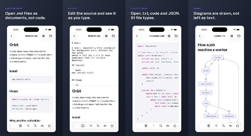  #应用限免 软件名称：.md viewer & editor: NanoFile 支持平台：#iOS 17.0+ 软件价格：免费 软件简介：支持 Markdown、代码、JSON、CSV 等文件的查看与编辑，可并排显示源码和实时预览，直接保存回原文件；还可在设备上将 PDF、Word、表格转换为 Markdown，适合随手阅读和修改文档