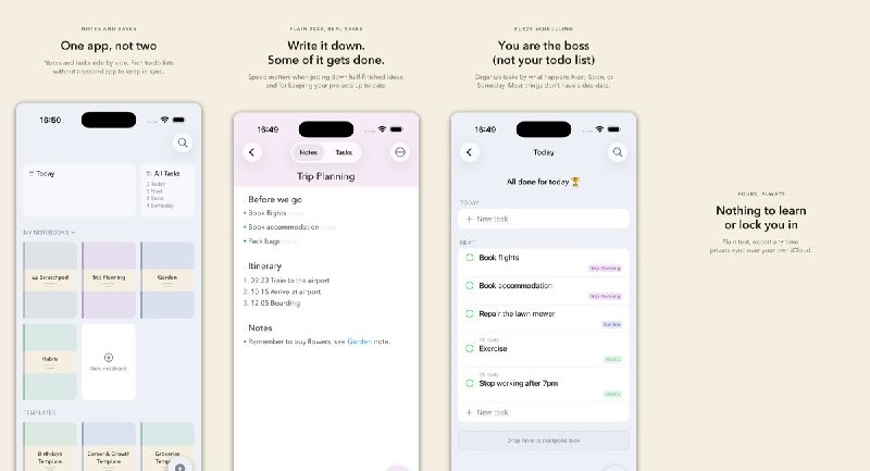  #应用限免 软件名称：Subnotes 支持平台：#iOS 26.0+ 软件价格：免费 软件简介：把笔记和待办放在同一份纯文本中，任意一行都能变成任务，支持截止日期、重复任务、笔记互链与模板；通过自己的 iCloud 同步，适合边记录边整理行动项