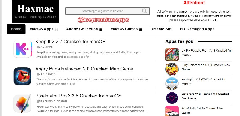   网站名称：Haxmac  网站功能：Mac破解软件下载  网站简介：一个提供破解版Mac应用和游戏的网站，用户可以在这里免费下载各种Mac应用和游戏