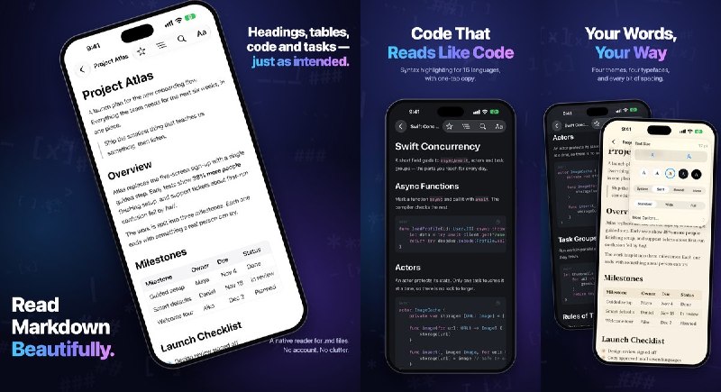  #应用限免 软件名称：NexReader: Markdown Reader 支持平台：#iOS 26.0+ 软件价格：免费 软件简介：专门阅读 Markdown 文件的工具，支持表格、任务列表、代码高亮和目录导航，可调整字体、主题与行距并记住阅读进度