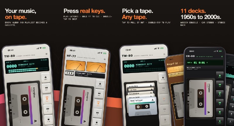  #应用限免 软件名称：Tapewind: Cassette Player 支持平台：#iOS 17.0+ 软件价格：免费 软件简介：将音乐资料库中的专辑与播放列表呈现为复古磁带，提供 11 种不同年代的播放器，模拟翻面、快进倒带和机械按键，并记住播放位置