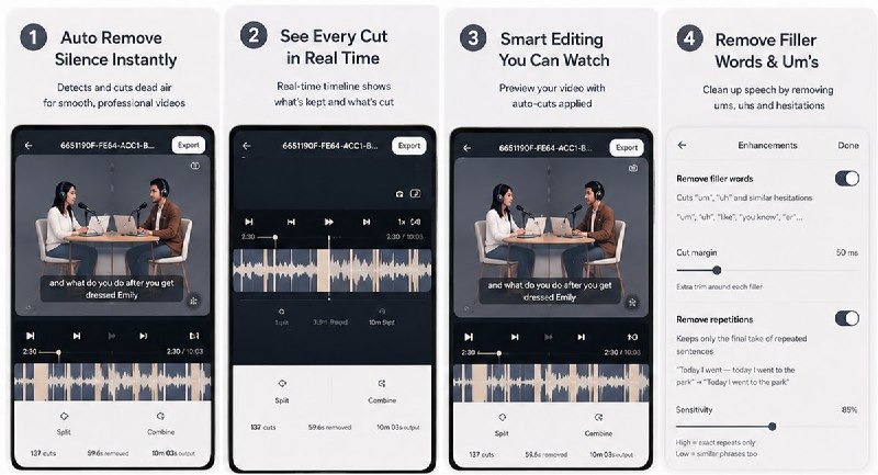  #应用限免 软件名称：QuellCut - 视频静音剪切 支持平台：#iOS 17.0+ 软件价格：免费 软件简介：自动检测并删除视频中的无声片段，几分钟完成口播剪辑
