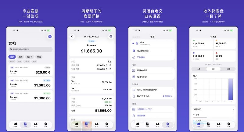  #应用限免 软件名称：InvoicePad - 发票制作 支持平台：#iOS 17.0+ 软件价格：免费 软件简介：面向自由职业者和小商户的商业单据工具，可制作 invoice、报价单和收据，支持多币种、税费与折扣计算、客户管理及 PDF、CSV 导出