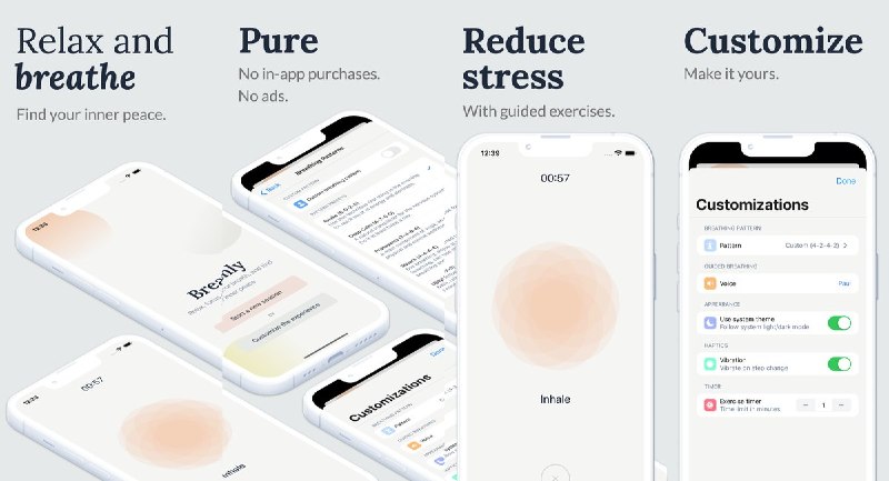  #应用限免 软件名称：Breathly-简单引导式呼吸 支持平台：iOS 16.4+ 软件价格：免费 软件简介：一款简单直观的引导式呼吸训练应用，提供多种呼吸技巧与放松练习，适合希望减压放松、练习冥想的用户
