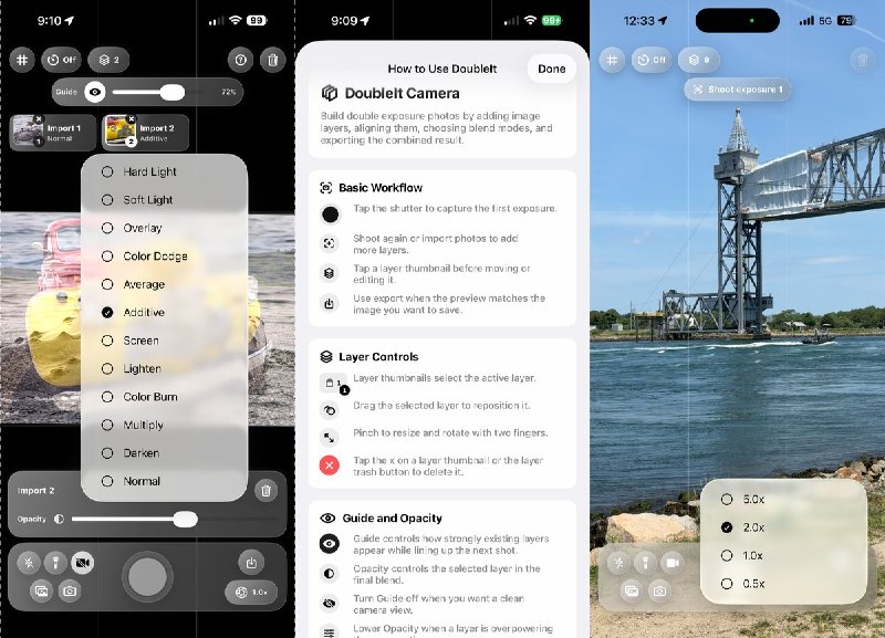  #应用限免 软件名称：DoubleIt Camera 支持平台：#iOS 16.0+ 软件价格：￥8.00 -> ¥0.00 软件简介：一款多重曝光相机应用