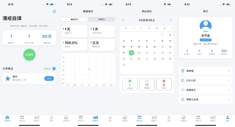  #应用限免 软件名称：清戒自律 - 习惯养成打卡 支持平台：#iOS 14.0+ 软件价格：免费 软件简介：一款专为戒除陋习与自律成长设计的习惯打卡应用，支持每日/每周打卡、破戒记录、签到日历、数据统计与成就勋章，数据本地存储