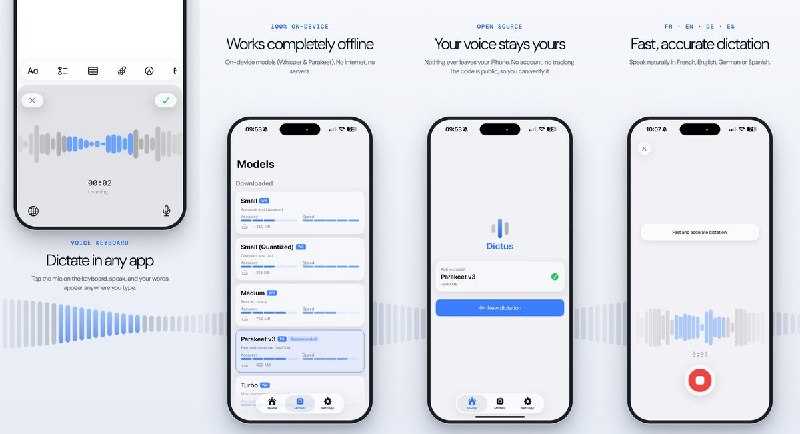  #应用限免 软件名称：Dictus: AI Voice Keyboard 支持平台：iOS 17.0+ 软件价格：免费 软件简介：一款开源离线语音输入键盘，基于 Whisper 和 Parakeet 模型在设备端完成语音识别，无需联网和账号