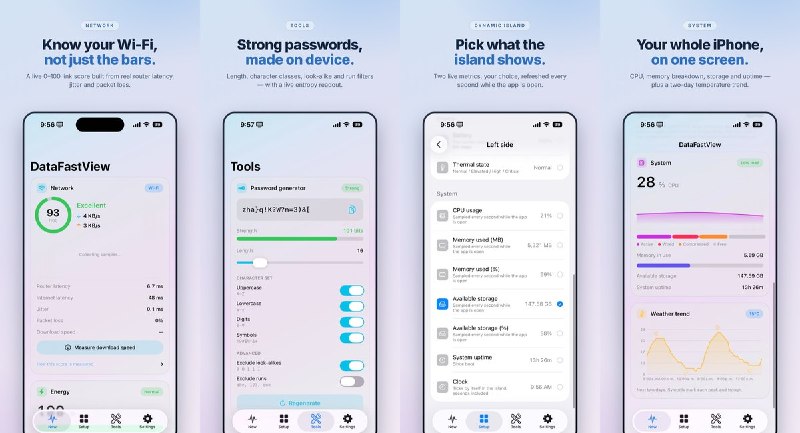  #应用限免 软件名称：DataFastView 支持平台：#iOS 18.6+ 软件价格：免费 软件简介：一款 iPhone 网络与系统状态查看工具，支持查看 Wi-Fi 延迟、抖动、丢包及实时网速，并把电量、CPU、内存等指标放到灵动岛或桌面小组件中，适合随时检查网络质量和设备状态