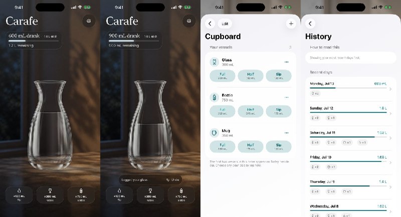  #应用限免 软件名称：Carafe 支持平台：iOS 17.0+ 软件价格：免费 软件简介：一款极简饮水记录工具，以玻璃水瓶的视觉呈现每日饮水进度