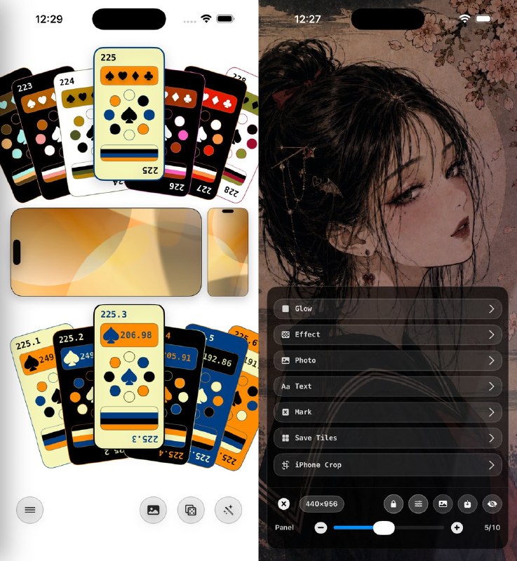  #应用限免 软件名称：Palette Spin - 用颜色制作壁纸 支持平台：#iOS 18.0+ 软件价格：免费 软件简介：将配色、照片和文字组合成自定义壁纸，支持渐变图案、图层混合与透明度调整，并可设置文字字体、描边和阴影；制作时可预览横竖屏效果，完成后保存整张壁纸或拆分为拼块