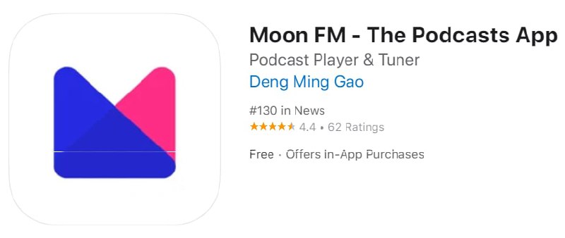 #应用限免【软件名称】Moon FM【软件支持】iPhone、iPad【软件大小】24.07M【软件价格】＄4.99→0【有无内购】仅有捐赠【支持语言】简体中文、英文、日文等【软件分类】新闻【功能简介】一款播客类app，支持离线下载