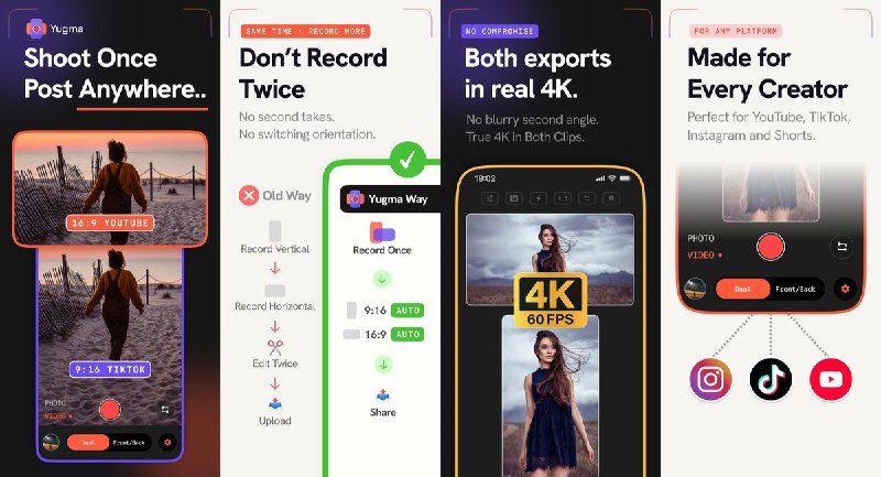  #应用限免 软件名称：Dual Shot Recorder : Yugma 支持平台：#iOS 17.0+ 软件价格：内购限免 软件简介：同时拍摄并分别导出 9:16 竖屏与 16:9 横屏视频，也支持横竖版照片，适合需要向不同平台分发内容的创作者