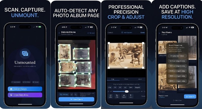  #应用限免 软件名称：Unmounted-老照片翻拍数字化 支持平台：iOS 17.0+ 软件价格：免费 软件简介：一款老照片保存工具，自动识别相册页面中的照片并逐张裁剪提取，支持编辑与高清导出