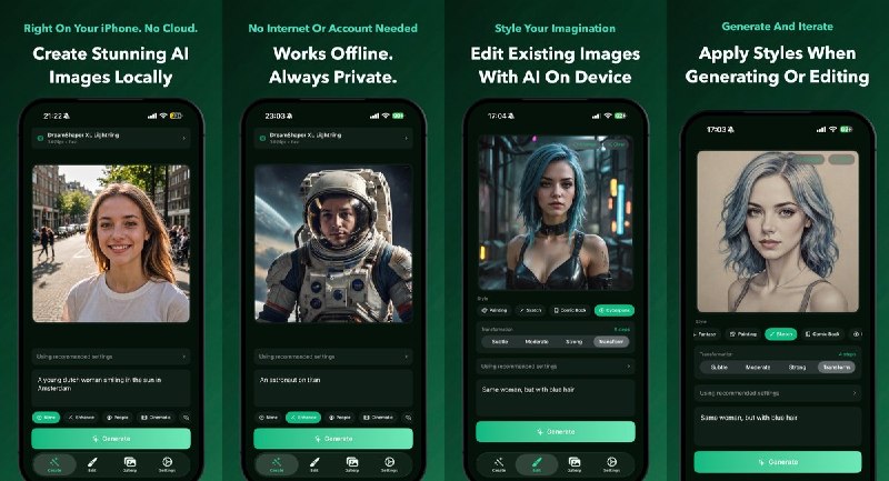  #应用限免 软件名称：Conjure: Offline AI Images 支持平台：#iOS 18.6+ 软件价格：免费 软件简介：完全在 iPhone 或 iPad 本地运行的 AI 图像生成与照片风格转换工具，支持文字生成图片、7 种风格预设和参数调整，无需账号或联网，作品与提示词不会上传云端