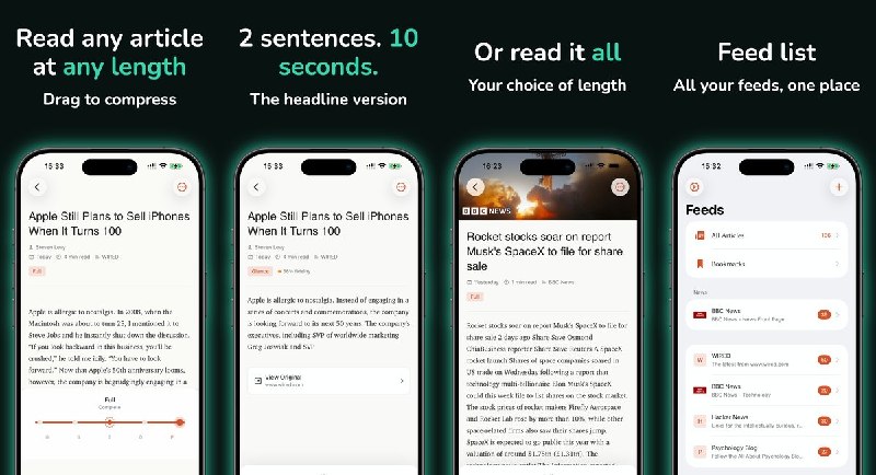  #应用限免 软件名称：Skim Reader 支持平台：#iOS 26.0+ 软件价格：免费 软件简介：一款支持 RSS 和 Atom 订阅的阅读器，可用滑块在简短摘要、重点概览与全文之间切换，借助设备端 AI 按需压缩文章