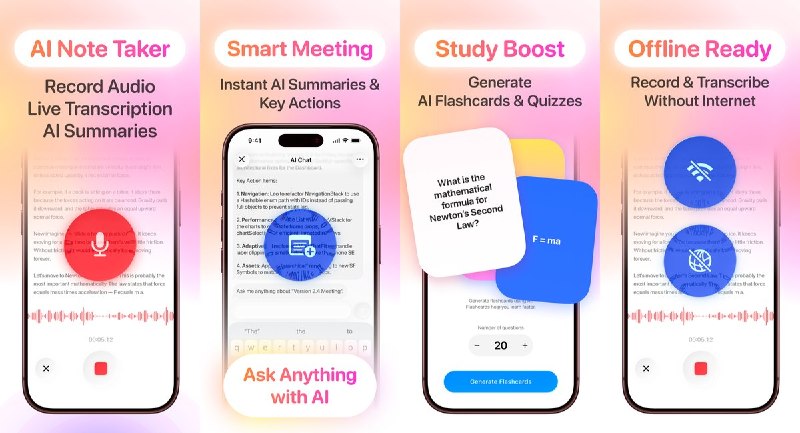  #应用限免 软件名称：AI Lecture Note Taker 支持平台：#iOS 26.0+ 软件价格：免费 软件简介：一款AI语音转文字笔记应用，支持多语言实时转录、离线录音转写、AI摘要与问答、自动生成闪卡和测验
