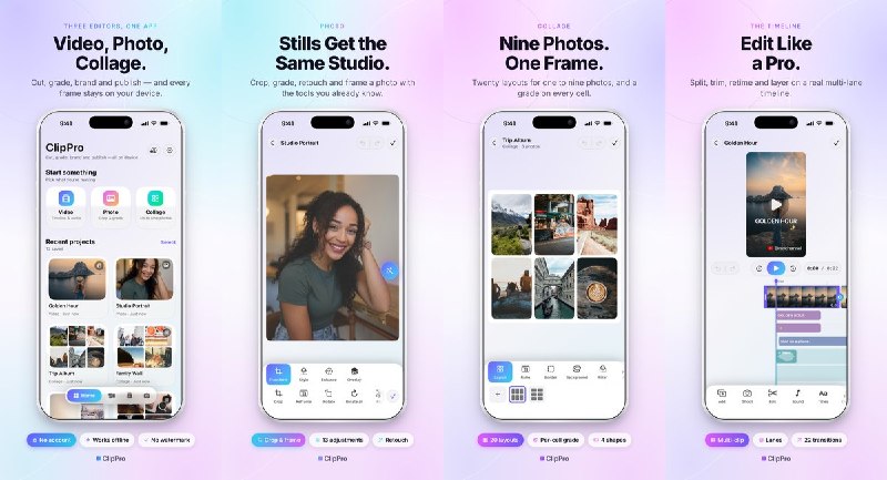  #应用限免 软件名称：ClipPro: Video & Photo Editor 支持平台：#iOS17.0+ 软件价格：免费 软件简介：本地视频、照片与拼图编辑器，提供时间线剪辑、转场、调色、字幕、配乐、配音、降噪和水印模板，可导出最高 4K 视频